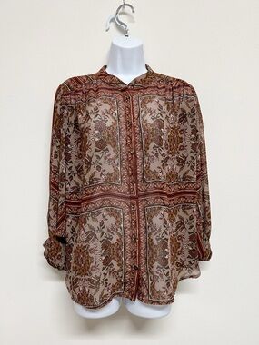 Dress Forum Los Angeles Womens Brown Sheer Paisley Batwing Sleeve Blouse Size S